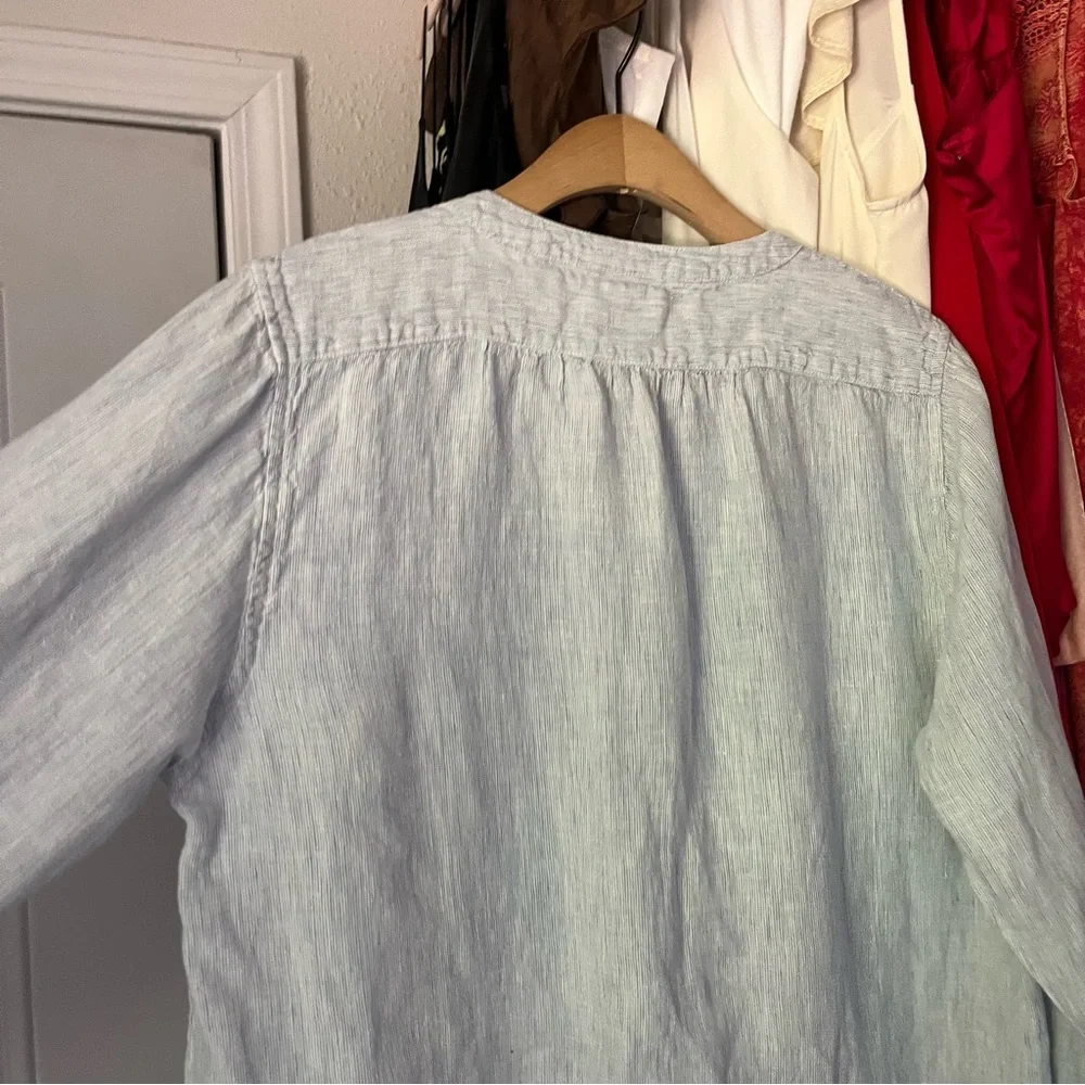 PINE CONE HILL blue striped linen popover long sleeve pleated pintuck mini dress